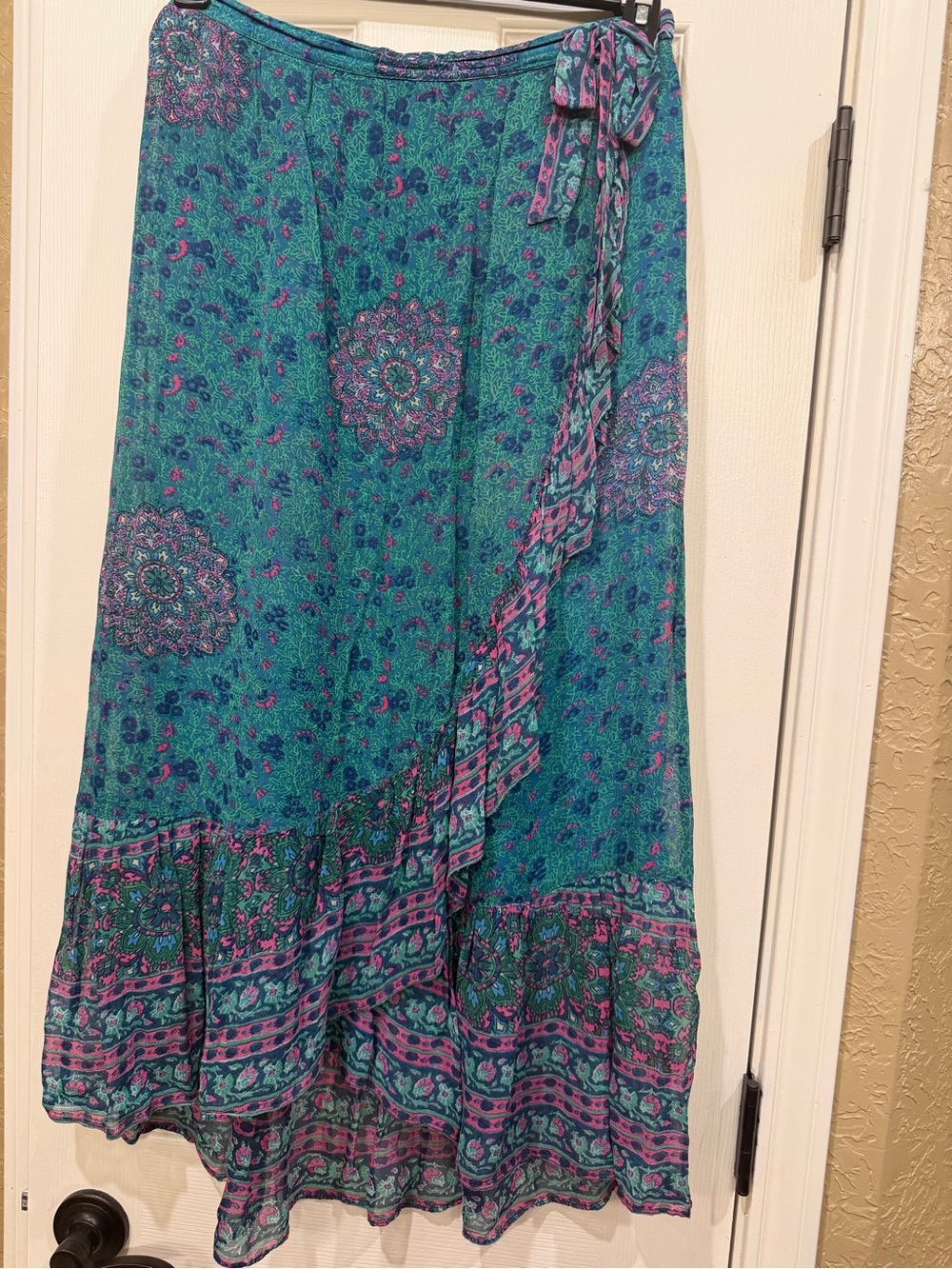 Anthropologie Teal Floral Faux Wrap Maxi Skirt with Pink Accents